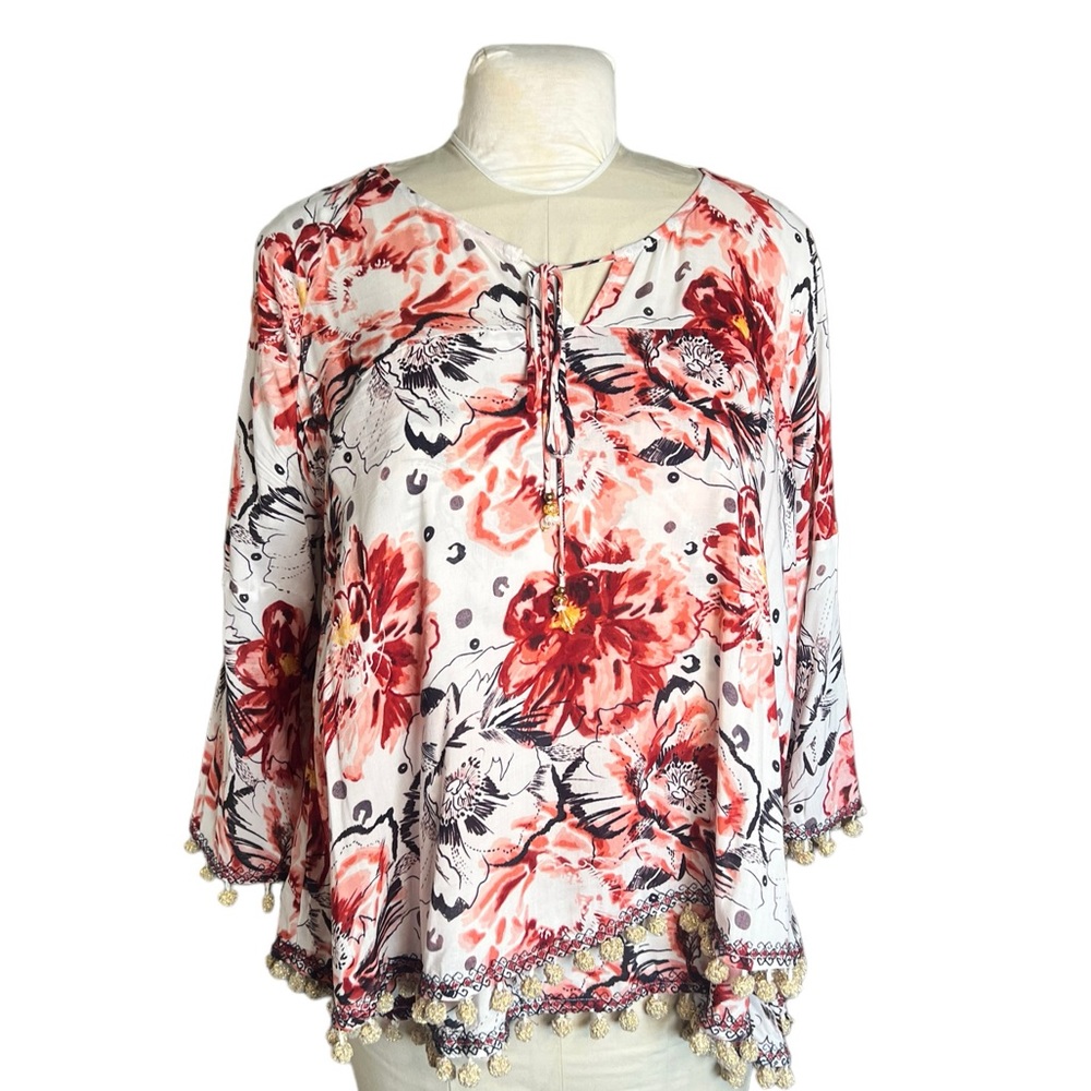 Soft Surroundings Floral Boho Pom Pom Top - Picture 3 of 8